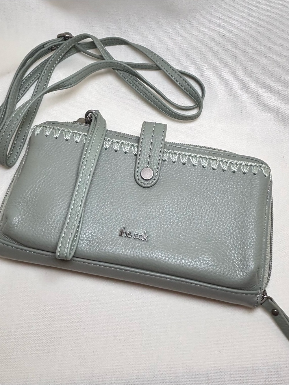 the sak Moss Green Leather Crossbody Wallet with Wrist Strap